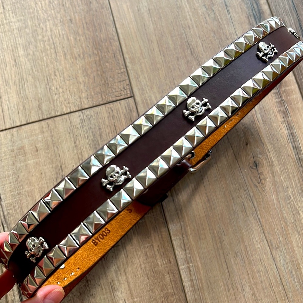 Genuine Leather Skull Studded Belt Brown Silver Studs Punk Rock Western Small
